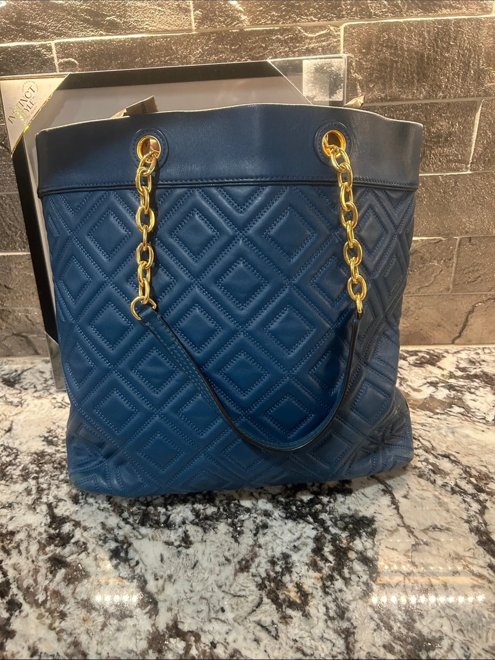 Tory Burch Quilted Navy Leather Tote with Gold Chain Handles GUC